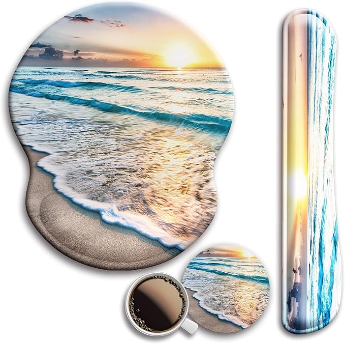 Mouse Pad and Keyboard Wrist Rest Support, with Non-Slip PU Base,Gel Mouse Pad with Coaster,Pain Relief for Gaming, Computer,Office -Beach