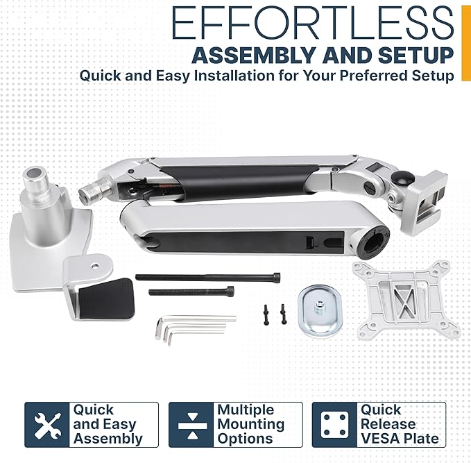 Premium Height Adjustable Single Monitor Arm Stand: Desk/Grommet Mount, Gas Spring Lift, VESA 75x75 or 100x100mm, Flat Curved Ultrawide Computer Screens up to 49in and 44lbs, Silver