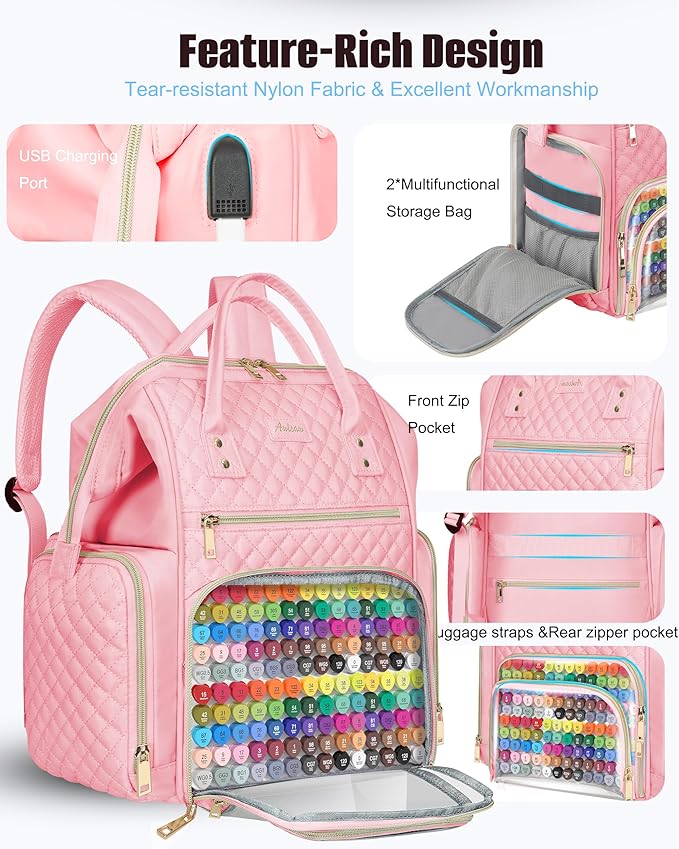 Marker Organizer Case Bag, Large Markers Storage Backpack with USB Port for Artists, Illustrators, Creatives, Pen Travel Holder Case Bag for Art Creativity Craft Supply, Pink