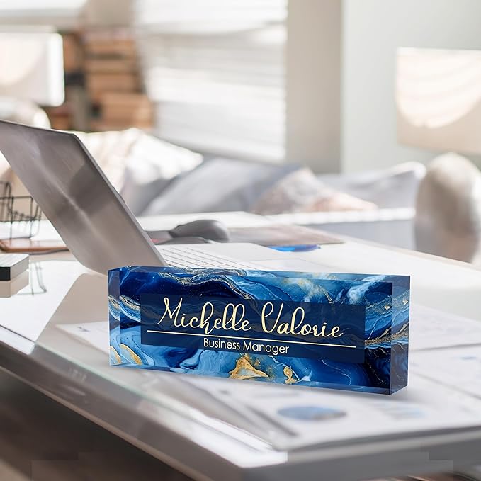 Custom Personalized Acrylic Name Plate Office Desk Accessories (A-Blue Gold)