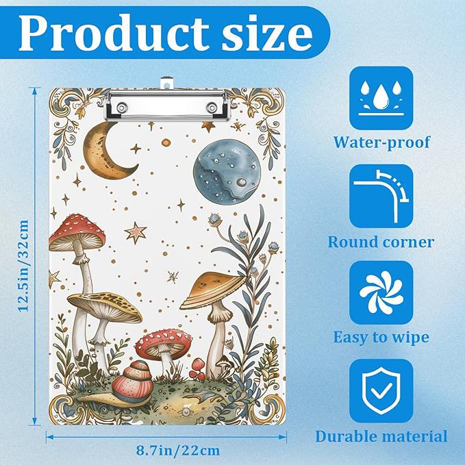 Mushrooms Moon Clipboard Decorative Clip Board with Metal Clip A4 Standard Size 12.5" X 8.7" for Teacher Students Nurses Office