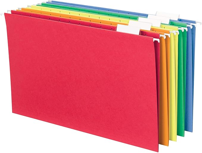 Smead Hanging File Folder with Tab, 1/5-Cut Adjustable Tab, Legal Size, Assorted Primary Colors(64159), (Pack of 5, 125 Count Total)