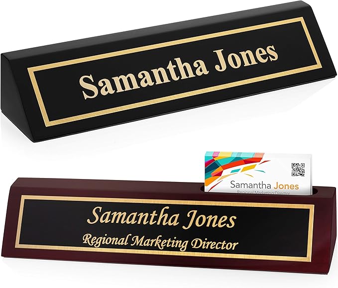 Providence Engraving Personalized Wood Desk Name Plate for Office, Custom Laser Engraving with Business Card Holder, Piano Finish Desk Wedge in Rosewood, 2x8