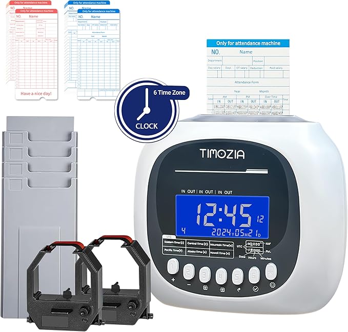 Time Clock for Employees Small Business, 6 U.S. Time Zones, Automatic Daylight Saving & Auto Time Update, Punch Card Time Recorder with 6 Punches Per Day-100 Time Cards, 2 Ribbons, 1 Card Rack