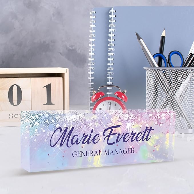 Custom Name Plate for Desk | Personalized Desk Name Plate | Personalized Boss Employee Appreciation Gifts | Acrylic Name Plate Office Desk Accessories (A-Colorful Purple Crystal)