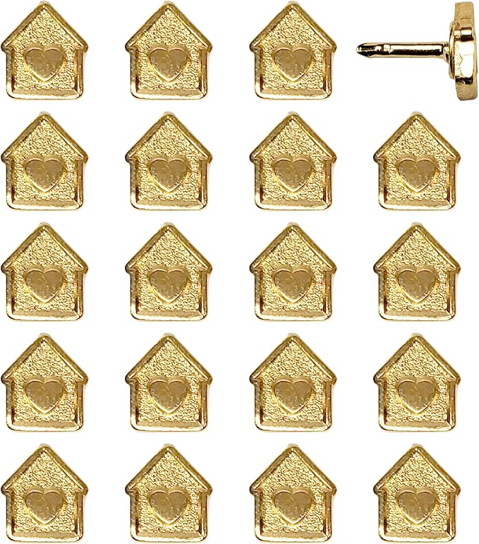 Mini House Push Pins - Gold House Pins - for Cork Board, Maps, or Lapel Pin Use - Designed in USA - Set of 20