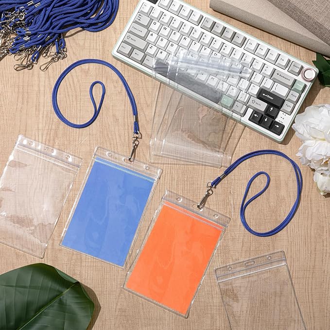 Chuangdi 100 Pcs Large 4 x 6 Inch Clear ID Badge Holder with Lanyard Waterproof Vertical Badge ID Card Holders Clear Plastic Tags Transparent PVC Pouch for Office (Blue Lanyard)