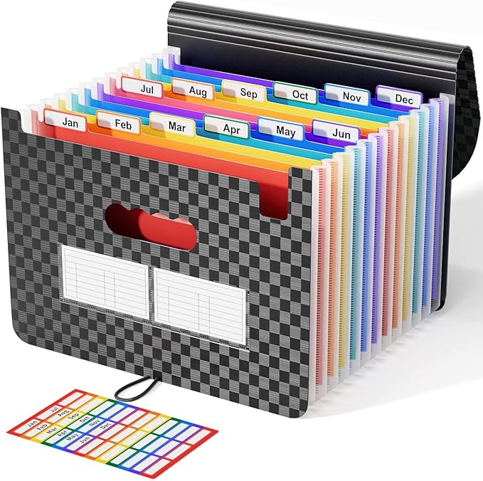 ABC life Accordion File Organizer 12 Pockets,Expanding File Folder/Portable A4 Letter Size Filling Box, Expandable Desktop Accordian Folder, Plastic Paper Document Coupon Organiser with Colored Labels