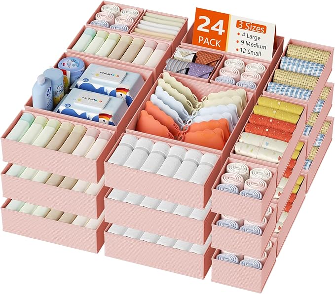 DIMJ Drawer Organizer Clothes, 24 Pack Dresser Organizer, Foldable Closet Organizers and Storage, Fabric Dresser Bins, Drawer Dividers for Nursery, Baby Clothes, Underwears, Sock (Pink)