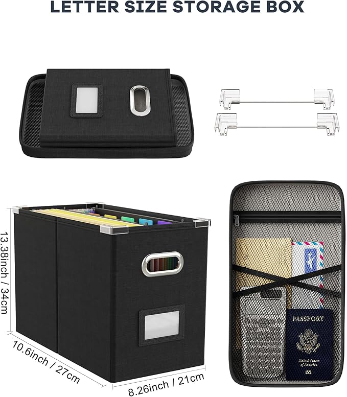 Oterri File Organizer Box with Lid, Hanging Filing File Box with Mesh Pocket, Document Organizer Box for Letter Files, Portable Storage Box with Smooth Sliding Rail for Office&Home (2 PCS, Black)