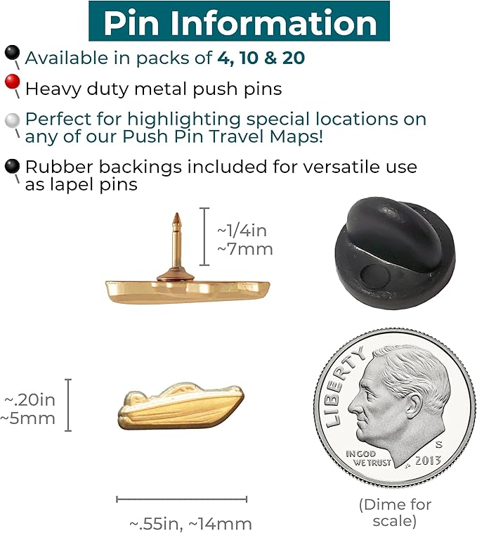 Motor Boat Push Pins - Gold Speedboat Map Pins for Cork Boards, Maps, or Lapel Use - Designed in USA - Set of 20