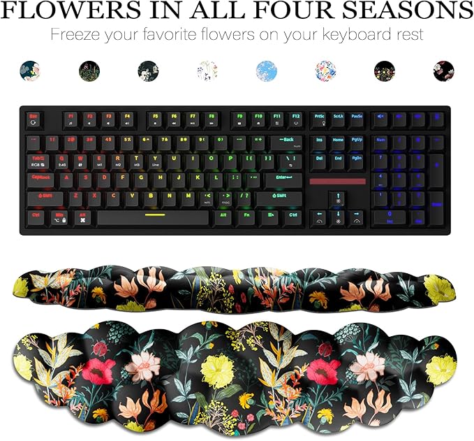 JIKIOU Cloud Wrist Rest Keyboard, Cloud Keyboard Wrist Pad Set with Comfortable Cloth, Cute Arm Rest for Palm Support, PC/Gaming Desk Accessories/Office Setup/Computer Hand Cushion Black Flowers