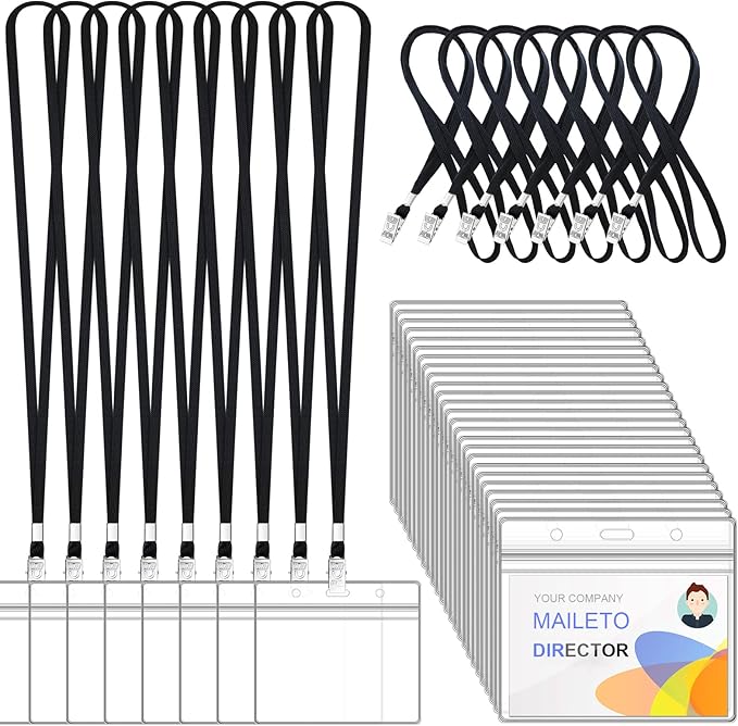 100Pcs Lanyards for Id Badges and 100 Pcs Clear Plastic Horizontal Name Badge ID Card Holders, Flat Neck Lanyards with Clip Waterproof Resealable Name Tag Badge ID Card Holders, Black