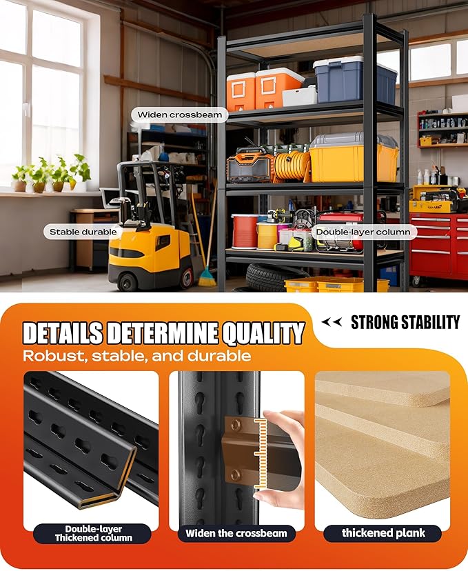 Set of 2 Heavy Duty Garage Shelving, 5-Tier Storage Shelves, 2000LBS Metal Shelf, Adjustable Shelving Unit, for Basement, Kitchen, Warehouse, Pantry, 15.7" Dx35.4 Wx71.2 H, Black