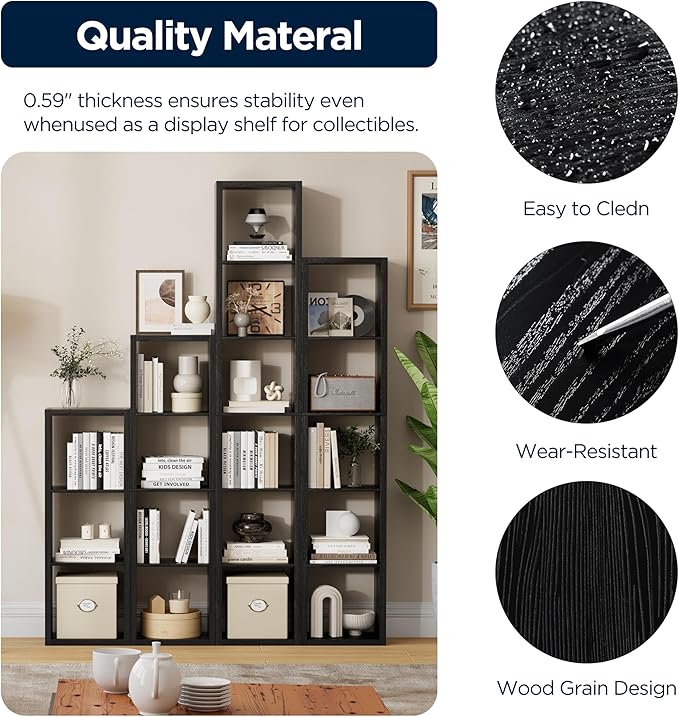 12-Cube Storage Organizer, Wooden Cube Shelf Bookcase with Reinforced Thick Shelves, Heavy-Duty 36.93" L x 9.37" W x 48.82" H, for Living Room Bedroom Home Office, Black