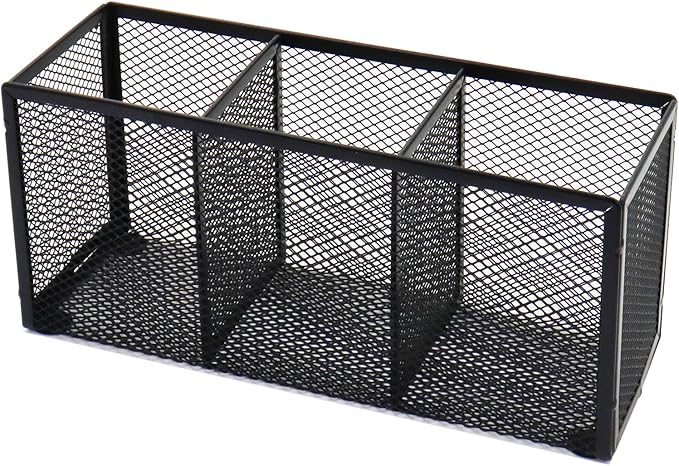 Black Mesh Pen Pencil Holder, Small Metal Desk Organizer Desktop Stationery Office Supplies Acessories Storage Stand, 3 Compartments Brushes Holder for Home School Classroom Teachers