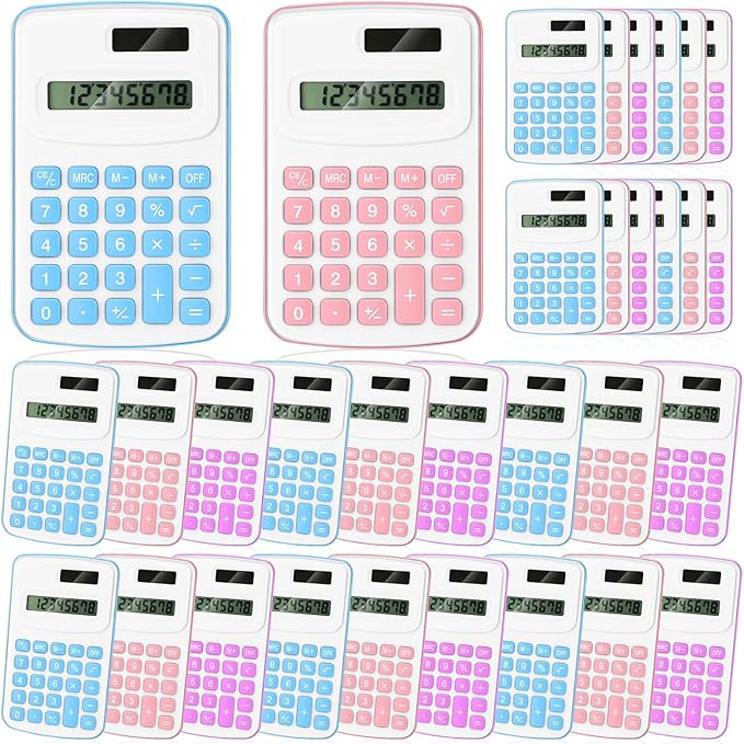 Treela 30 Pcs Pocket Size Calculator for Students Bulk Mini Handheld Cute Basic Standard with Button Battery 8 Digit Display Desktop Calculator for Office, School (Gentle Color)