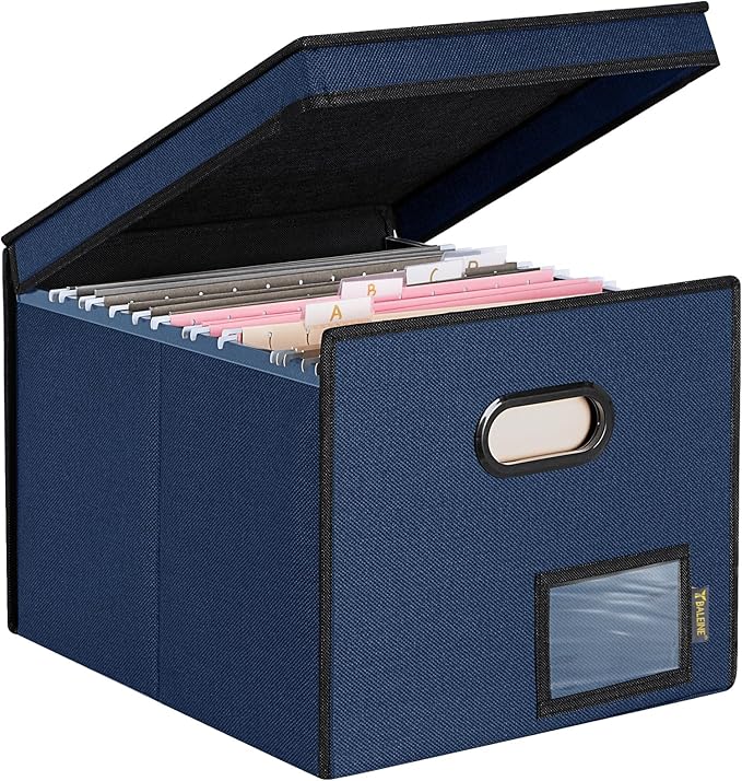 BALEINE File Organizer Box with Lid, Collapsible File Folder Organizer with Plastic Slide, Hanging File Folder Box for Office Document Storage (Tab Friendly, 1 Pack, Blue)