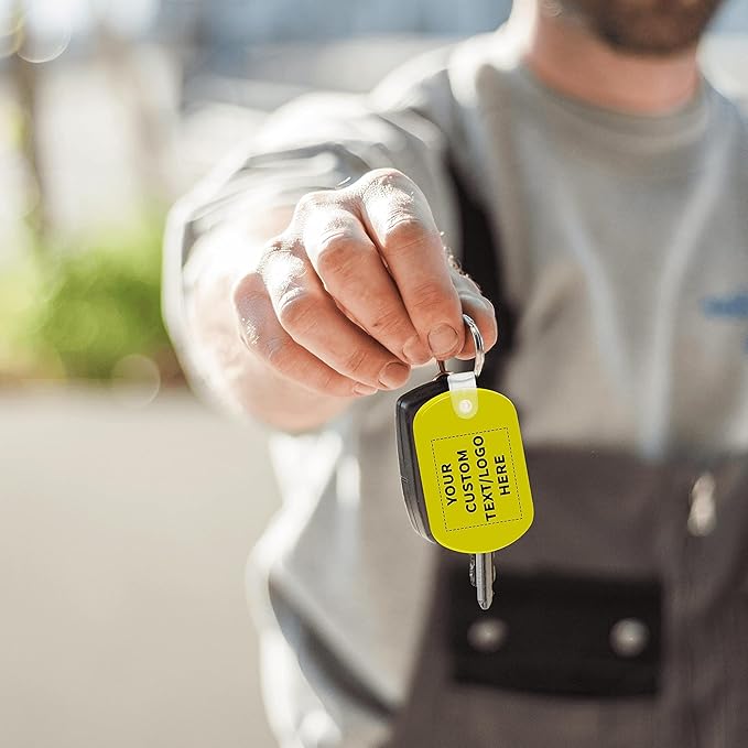 DISCOUNT PROMOS Tag Soft Plastic Keychains - 100 pack - Customizable Text, Logo - Small Key Tag Chain For Staying Organized - Rubber Key Ring Keychain – Yellow