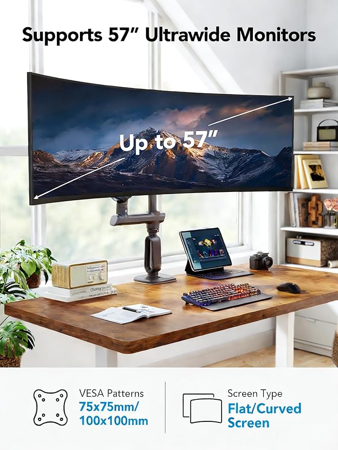 HUANUO Heavy Duty Monitor Arm for Ultrawide Screens up to 57", Holds 40 lbs, Aluminum Ultrawide Single Monitor Stand with 29.1" Max Height, Fully Adjustable Desk Mount, Max VESA 100x100mm