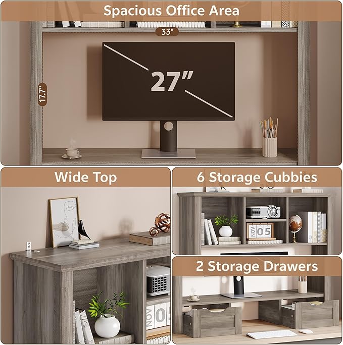 Desktop Bookshelf with Computer Monitor Stand, 37.4''W Desk Shelf Display Rack, Desktop Organizer Storage Rack with 4 Cubbies and 2 Drawers, 5-Tier Desk Hutch for Home, Office, Dorm, Vanity