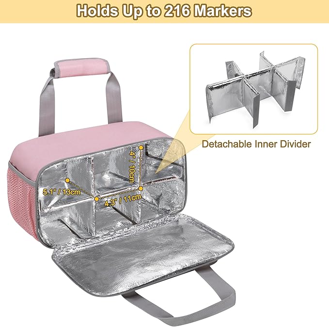 Case Organizer for up to 216 Markers, Large Bag With Carrying Handle, Holder (Length up to 5.1"), Aluminum Foil Liner Easy Cleaning, Patented Design (Pink)