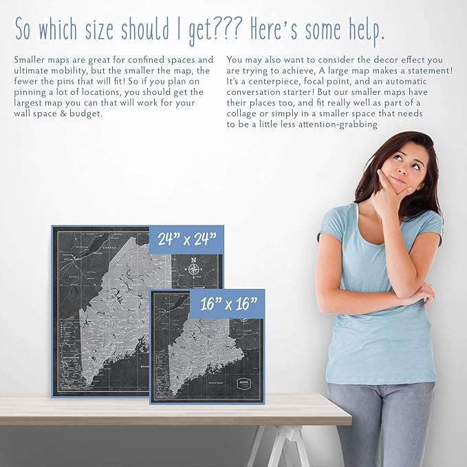 Push Pin Maine Map Board - With Push Pins to Mark Maine Travel - Handmade in Ohio, USA - Design: Modern Slate
