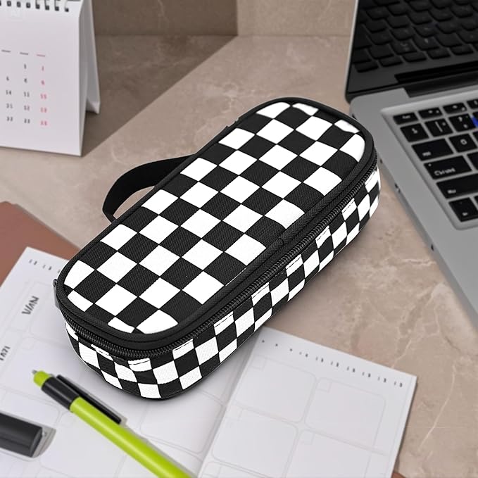 Black White Checkered Pencil Case Pencil Pouch Large Capacity Pen Bag School Office Organizer Stationery Storage Box For Girls Boys Teen Kids