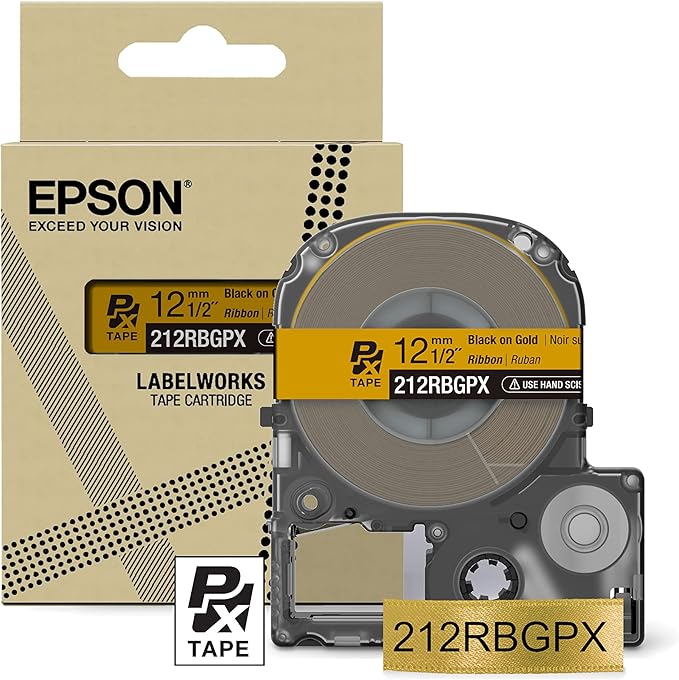 Epson LABELWORKS 212RBGPX Genuine PET (Polyester) Tape Cartridge - Black on Gold Ribbon Designer Craft Label Maker Tape - 1/2" (12MM) Wide, 16'