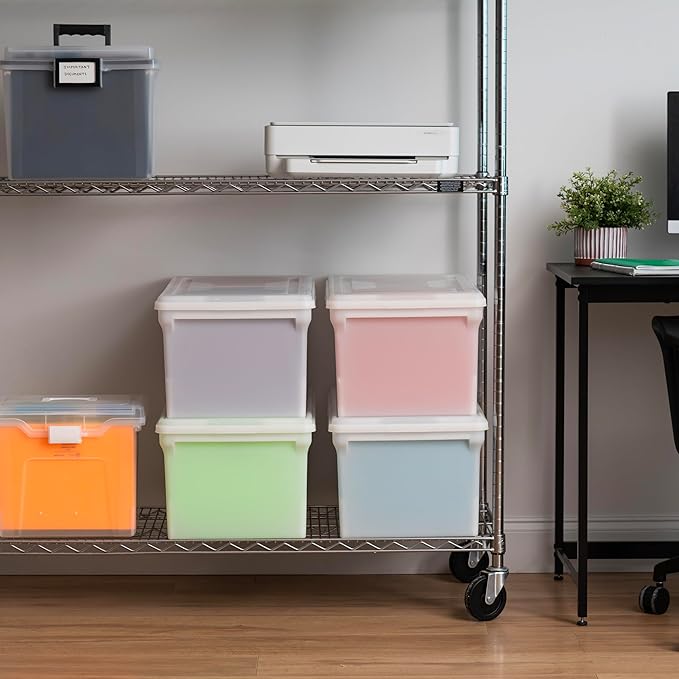 IRIS USA File Box, File Organizer w/Hinged Split Lid for Letter File, Important Document Box, Plastic Storage Filing Bin for Moving, Stackable Nestable Portable, Pearl 44 Qt. 4 Pack