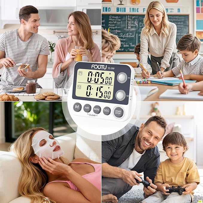 Digital Dual Kitchen Timer with Magnetic Back & Memory Presets, 2 Groups Countdown/Up Stopwatch Timer, 3-Level Volume + LED Alert, On/Off, 100Hr Max for Cooking, Baking (Battery Included)