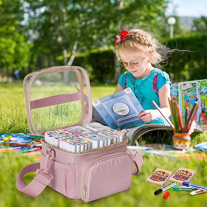 Marker Organizer Case for 100 Markers, Marker Storage Organizer Bag with Divider and Shoulder Strap, Marker Travel Carrying Case with 3 Pockets, Pink (Patented Design)