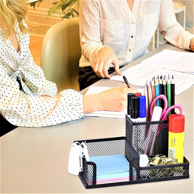 4 Pack 3-in-1 Mesh Pen Holder Desk Organizer, 3 Compartments Pencil Holder Caddy with Sticky Notes Holder for Home, Office & School