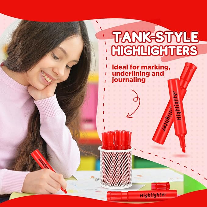 Qilery 30 Pack Highlighters Bulk, Tank Style Chisel Tip Highlighters Markers Pack Quick Drying for Adult Coloring, Home Office Supplies (Red)