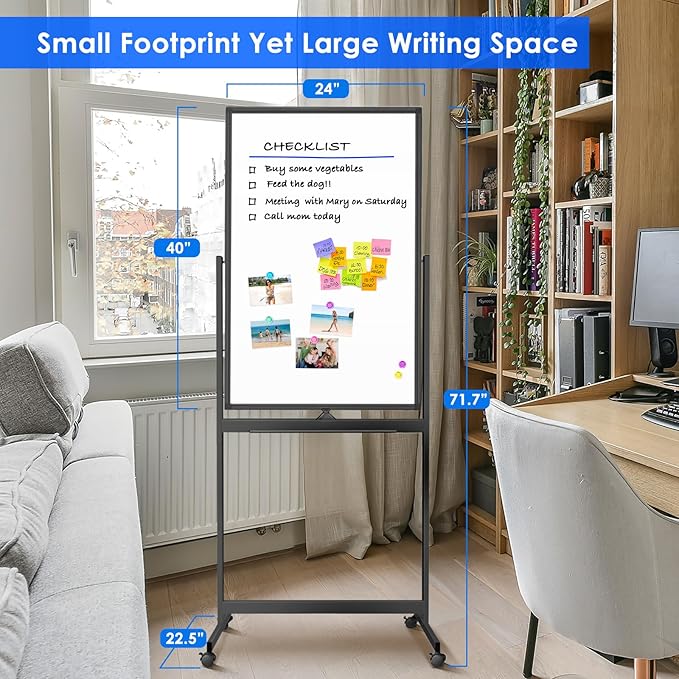maxtek Magnetic Mobile White Board, 40 x 24 Double Sided Dry Erase Board Rolling Whiteboard, Aluminum Frame Standing Whiteboard on Wheels for Home Office Classroom (40 x 24 Black)