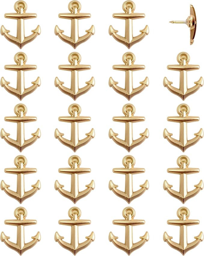 Anchor Push Pins - Gold Metal Anchor Pins - for Cork Board, Maps, or Lapel Pin Use - Designed in USA - Set of 20