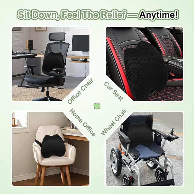 Lumbar Support Pillow Office Chair Car Back Pillow Ergonomic Lower Back Pain Relief Breathable Air Fiber Cushion with Hours Sitting on Worker Driver & Handicapped, Adjustable Strap (Black)
