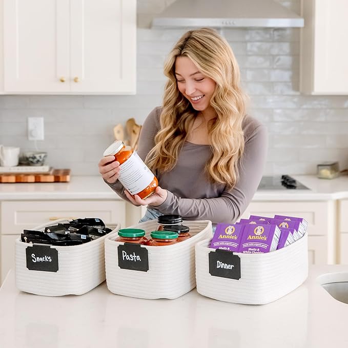 NaturalCozy 13.5”x8.5”x5.5” Storage Baskets for Shelves 3 Pack | Cotton Rope Woven Small Baskets for Organizing | Small Storage Bins for Nursery, Bathroom, Closet, Cube Shelf, Decorative, Gift