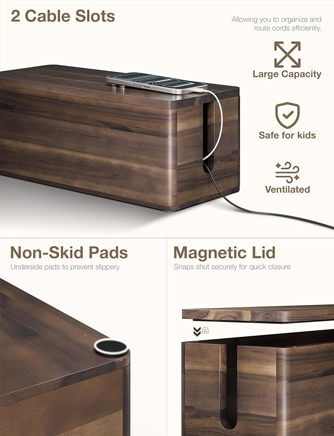 Acacia Large Cable Management Box - Set of 2 Cord Box Hider for Office - Cable Hider Box, Surge Protector Box for TV Wires, Desk - Power Strip Box with 2 Open Slots, Magnetic Lid (Walnut color)