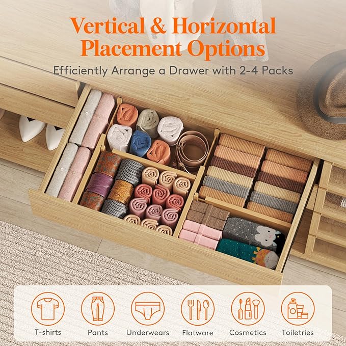 Lifewit 4 Pack 4" High Bamboo Drawer Dividers, 12-16" Adjustable Drawer Organizers for Clothes, Wood Dresser Drawer Divider, Expandable Deep Drawer Separators for Dresser, Kitchen, Bedroom, Bathroom