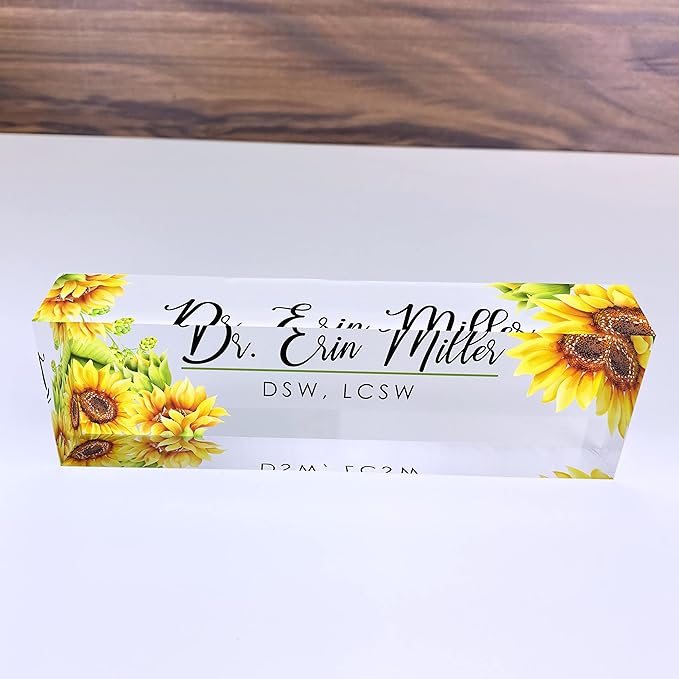 Artblox Office Desk Name Plate Personalized | Custom Name Plates for Desks | Sunflowers Design On Clear Acrylic Glass | Office Desk Decor - (8" x 2.5")