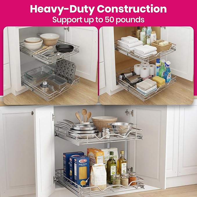 HOLDN’ STORAGE Two Tier Pull Out Cabinet Organizer, Individual Sliding Drawers - Heavy Duty Metal with Lifetime Limited Warranty - Anti Rust Chrome Finish - 24" W x 21”D x 16.5" H