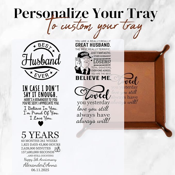 Personalized Valet Tray for Men, Best Husband Ever, 5 Design Option, PU Leather Key Dish for Entryway Table, Catchall Tray for Wallet, Birthday,Anniversary, Valentines Gift for Husband from Wife