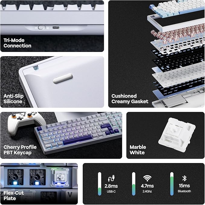 EPOMAKER Galaxy100 QMK/VIA Wireless Gaming Keyboard, Aluminum Shell, BT/2.4Ghz/USB-C, Pre-Lubed Hot-Swappable Linear Switches, NKRO, RGB Backlit (White Purple, Marble White Switch)