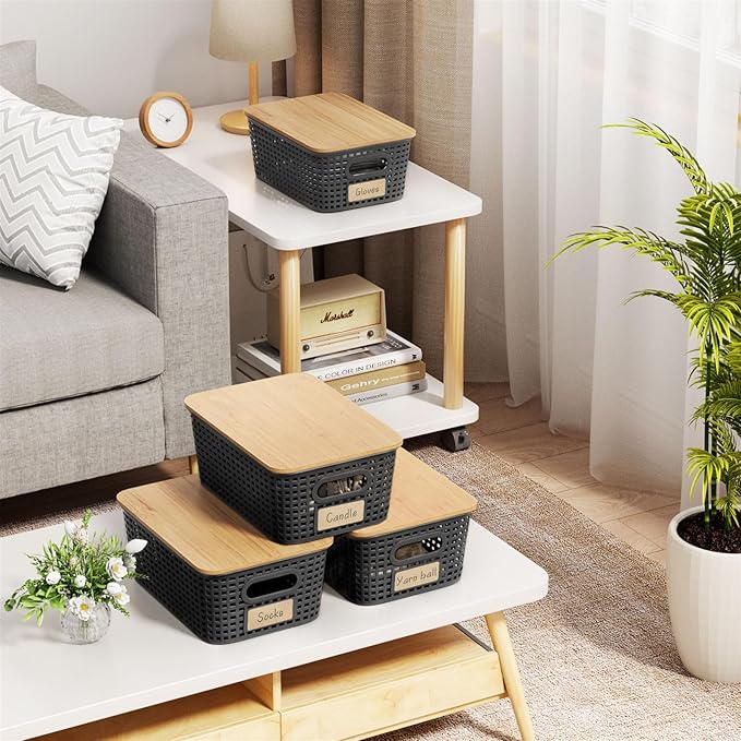 Plastic Storage Bins with Bamboo Lid - Pantry Storage Baskets with Lid - Stackable Container with Lable for Organizing: Small Storage Box for Shelves Office Cabinet Drawer Closet 9x7x4 In - Black 6Pcs