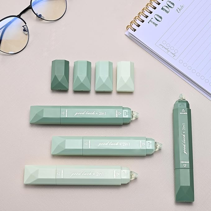 Temiary 4 Pcs 2 in 1 White Correction Tape and Double Sided Roller Set, Aesthetic Smooth Pull Out Tapes with Adhesive Glue Tape Roller Runner for School Office Supplies (Green)