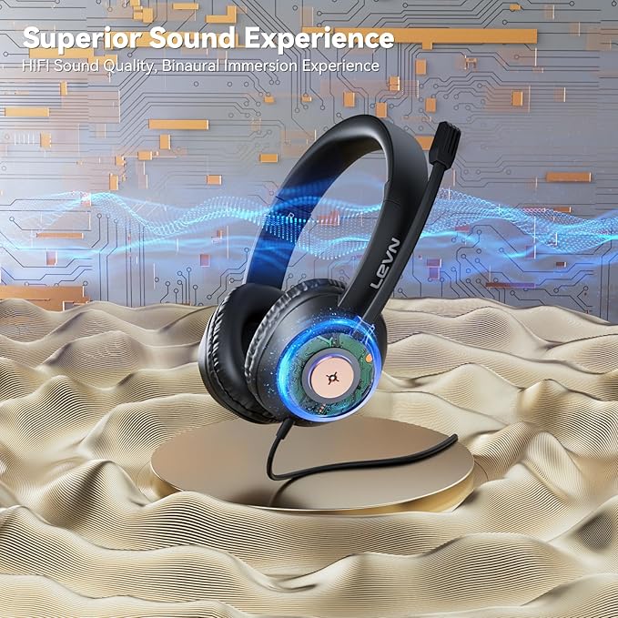 LEVN Headset with Mic, USB Headset with Microphone for PC, Headphones with Mic for Pc with Noise Canceling Microphone for Laptop, USB Headphones for Work from Home/Call Center/Open Office, Black