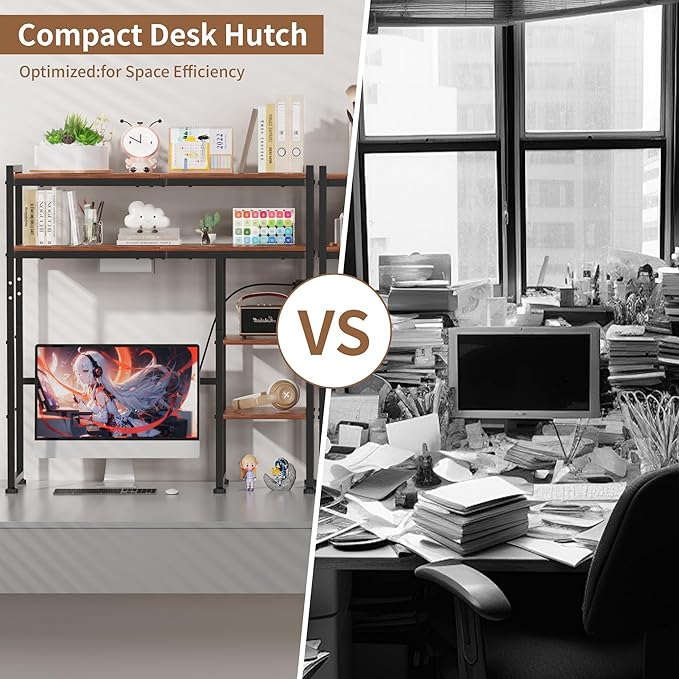 Aetheris Desktop Organizer Shelf, 30" Wooden Office Storage Rack with Outlets, Display Shelf Rack with Light Strip, 5 Tier Desktop Display Rac, Desk Shelf, Desk Hutch for Computer Monitor, Brown