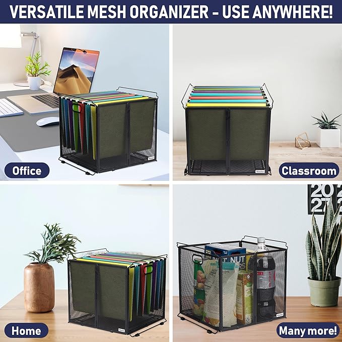 Dasher Products Hanging File Organizer Letter Size, Black Metal Mesh File Crate for Hanging Folders, Portable Document Folder Holder and Filing Bin. Ideal for Office, Home, and School Organization