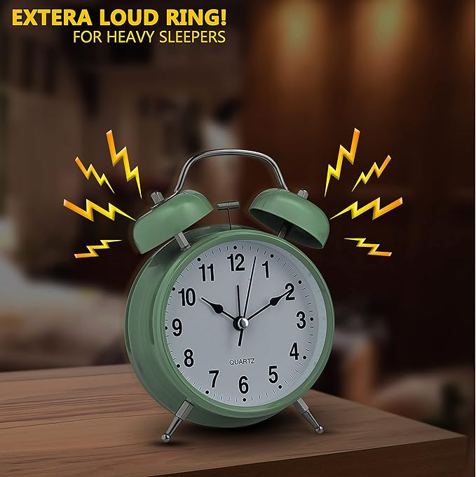 Bernhard Products Analog Alarm Clock 4" Twin Bell Green Silent Non-Ticking Quartz Battery Operated Extra Loud with Backlight for Bedside Table Vintage Retro Style, Decorative Desk Clocks (Pistachio)